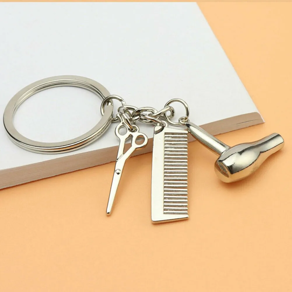 

Gold Alloy Hairdresser Hair Dryer Scissor Comb Car Keychain Creative Key Ring Jewelry Gift