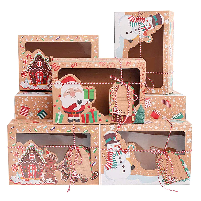 

12Pcs/lot Christmas Kraft Paper Candy Box Favor Gift Box PVC Clear Window Cookies Treats New Year Wedding Party Decoration