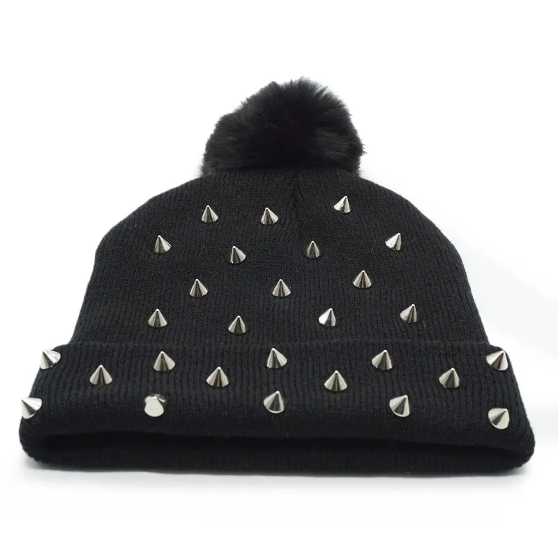 

European and American punk rivet autumn and winter knitting hat women woolen hat thermal hood
