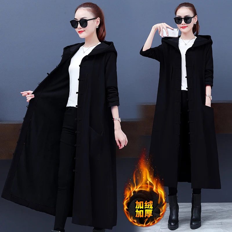 

Women Retro Style Cotton Windbreaker Autumn Winter Casual Long Trend Coat Elegant Loose Hooded Jacket Long Sleeve Outwear