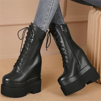 16cm high heel ankle boots women genuine leather lace up round toe platform wedge high heels military riding oxfords goth punk