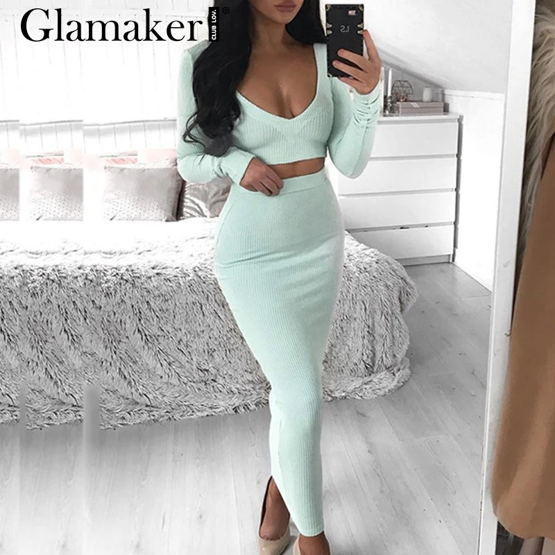 Glamaker вязаный костюм из двух частей белое платье Макси женское сексуальное