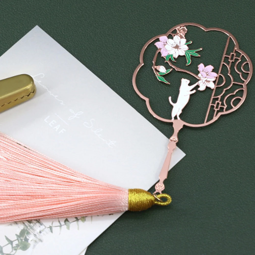 

Hollow Cats Flower Pattern Chinese Style Tassel Metal Bookmark School Stationery Gift