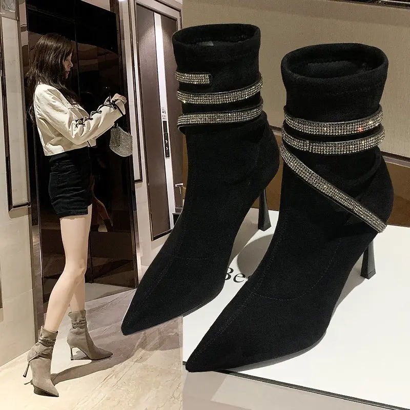 

Женские ботинки на высоком каблуке 9 см, Новинка осени 2021, модная сексуальная элегантная женская обувь, Офисная Женская обувь с кристаллами ...