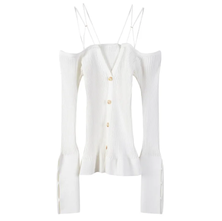 

Autumn Off Shoulder White Sweater Button Up Long Sleeve Cardigan Slash Neck Straps Sexy Cadigan Top Winter 2021 Purplelano