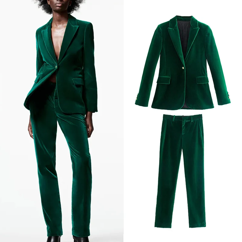 

ZA Autumn Winter 2Pcs Ladies Velvet Suit Sets 2021 New Single Button Office Lady Jacket+Long Pant Basic Long Sleeve Outfits