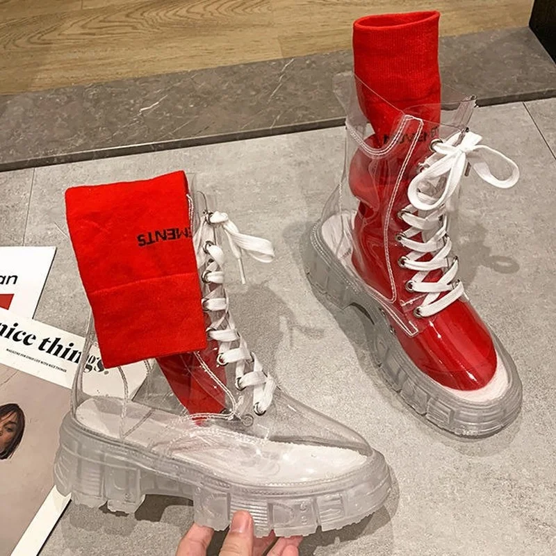 

DEEPTOWN 2021 Women's Mid Calf Boots Fashion Platform Shoes Transparent Motorcycle Harajuku Autumn Chunky Female Martens