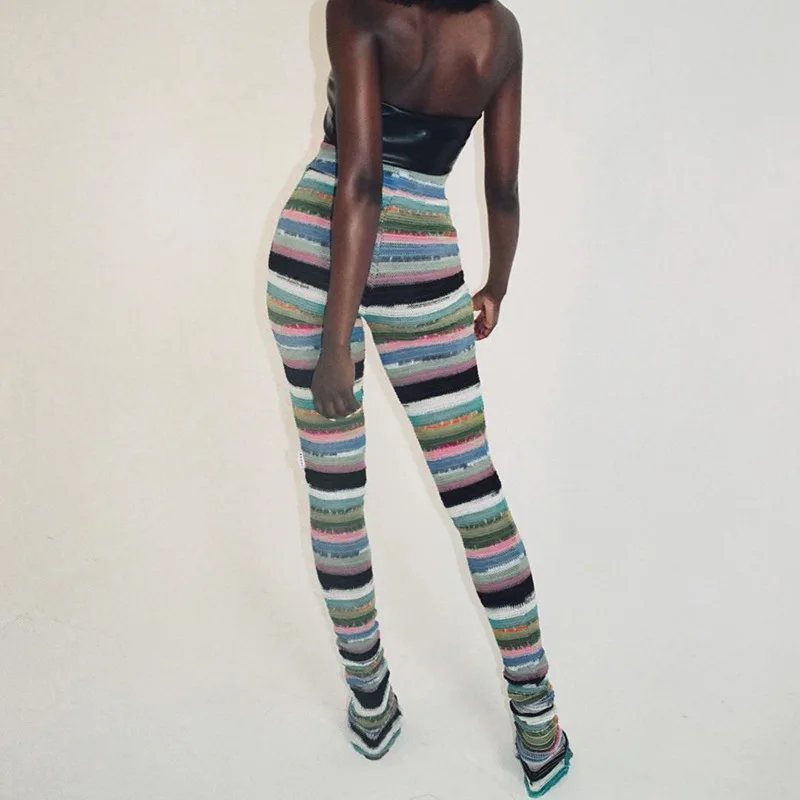 

2021 New Ins European and American Fashion Contrast Stripes Pile Pile Pants Women Casual Trousers
