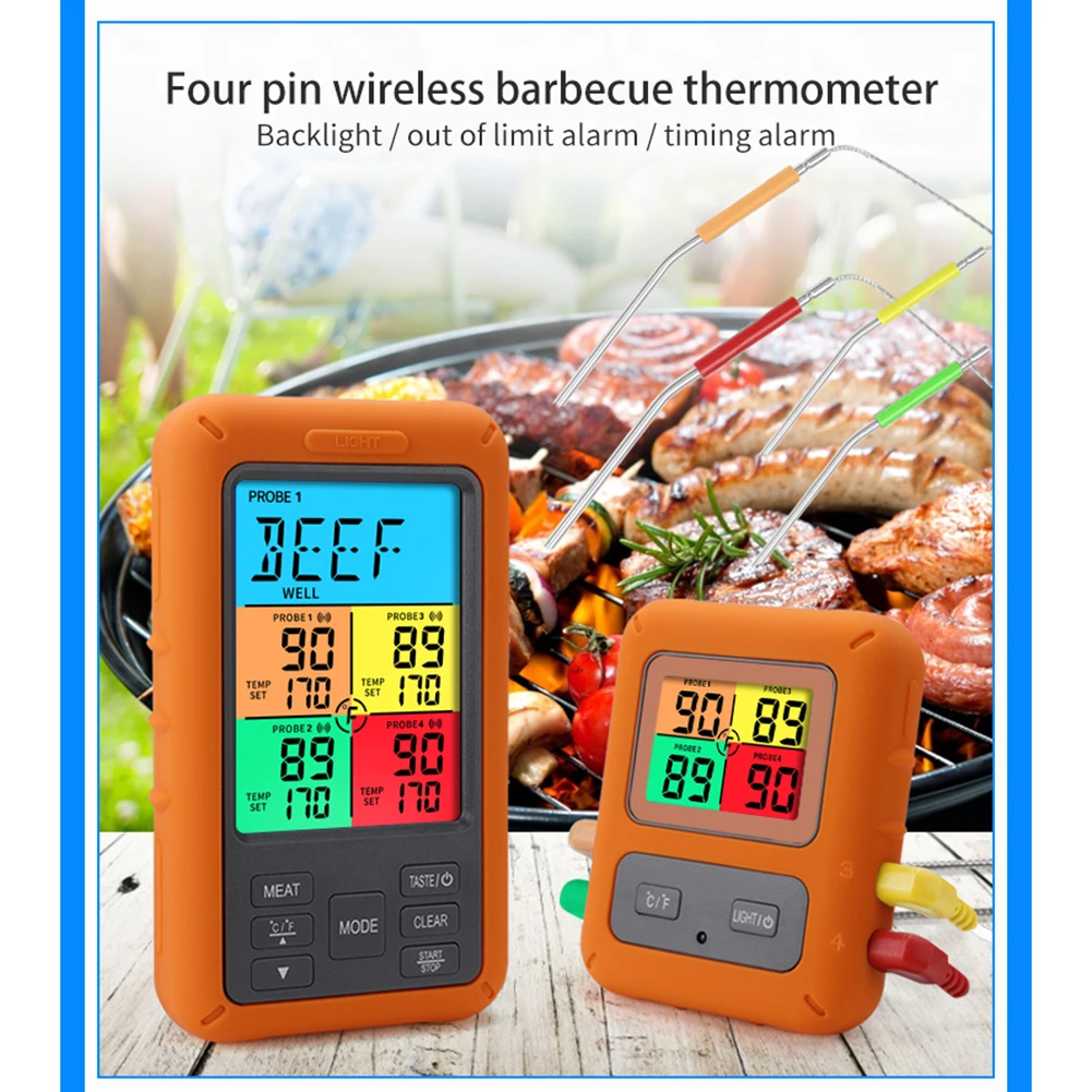 

Wireless Digital Meat Thermometer with 4 Probes Remote Food Thermometer with Count-Down/Up Timer & Alarm for Picnic BBQ Grill