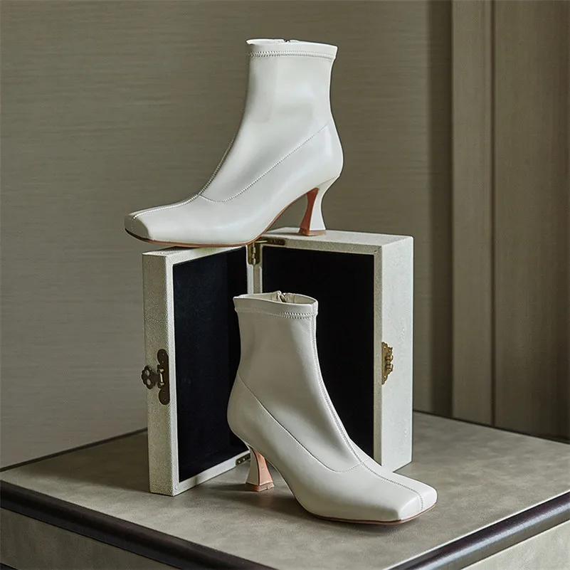 

ANNYMOLI Women Short Boots Shoes Zip High Heel Stretch Boots Ladies Square Toe Stiletto Heels Ankle Boots Autumn Winter Beige 40