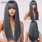 Женские Длинные прямые парики с эффектом омбре henmargu, синие и серые натуральные синтетические парики с челкой, термостойкие парики для косплея