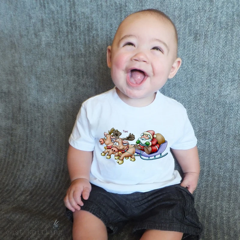 

DERMSPE New Arrival Kids Short Sleeved Round Neck Clothes Christmas Sleigh Graphic Print Boy Girl White Cartoon Top T-Shirt
