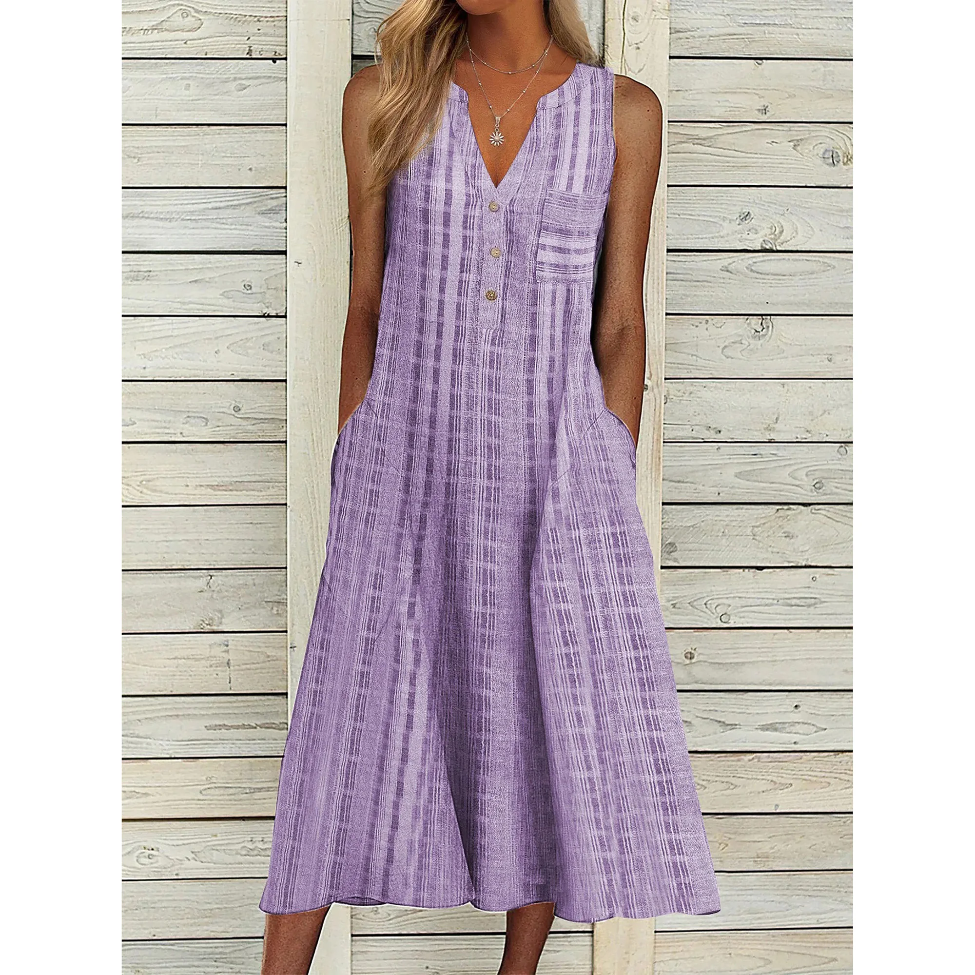 

Summer Sleeveless Casual V Neck Button Design Cotton Linen Dress With Pocket Loose Pleated Plaid Long Dress For Women Streetwear