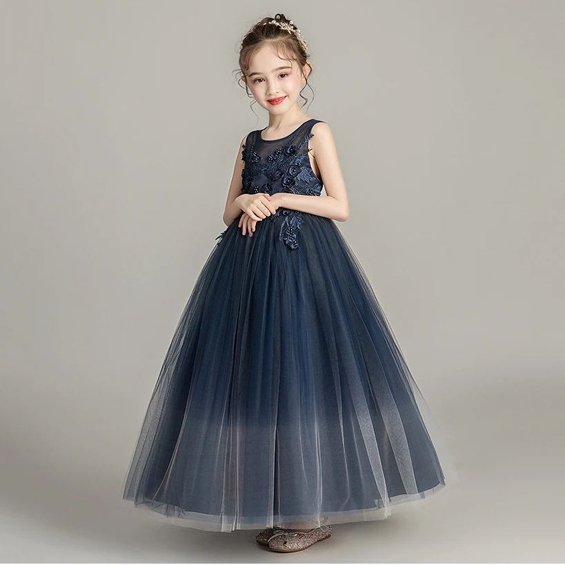 gradient navy Блестящее детское Пышное Бальное Платье с принтом звездного неба; детское темно-синее платье; свадебное вечернее платье для маленьких девочек - Цвет: gradient navy