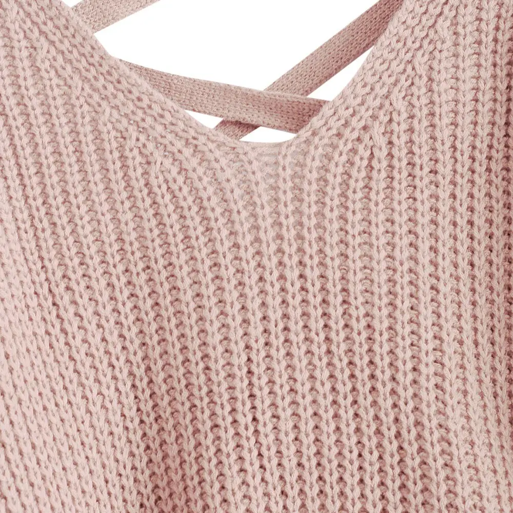 Zaful Autumn Solid Women Causal Sweater V-Neck Drop Shoulder Female Pullovers Lace Up Long Sleeves Feminino Knitted Loose Jumper | Женская