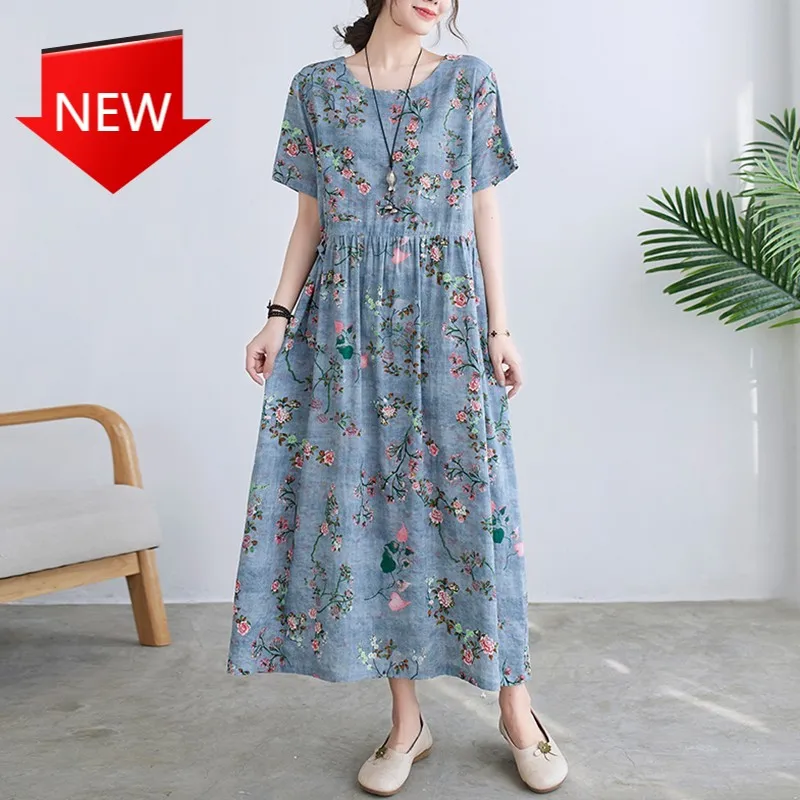 

Женское винтажное платье из хлопка и льна, свободное повседневное ТРАПЕЦИЕВИДНОЕ длинное платье с цветочным принтом в декоративном стиле, ...