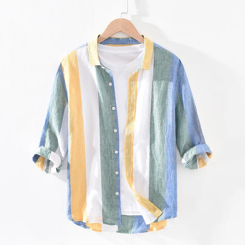

ZOGAA Men's Shirt Striped Pattern Linen Fabric Short-Sleeved Lapel Single-Breasted Men's Shirt Fashion Pastoral Style Streetwear