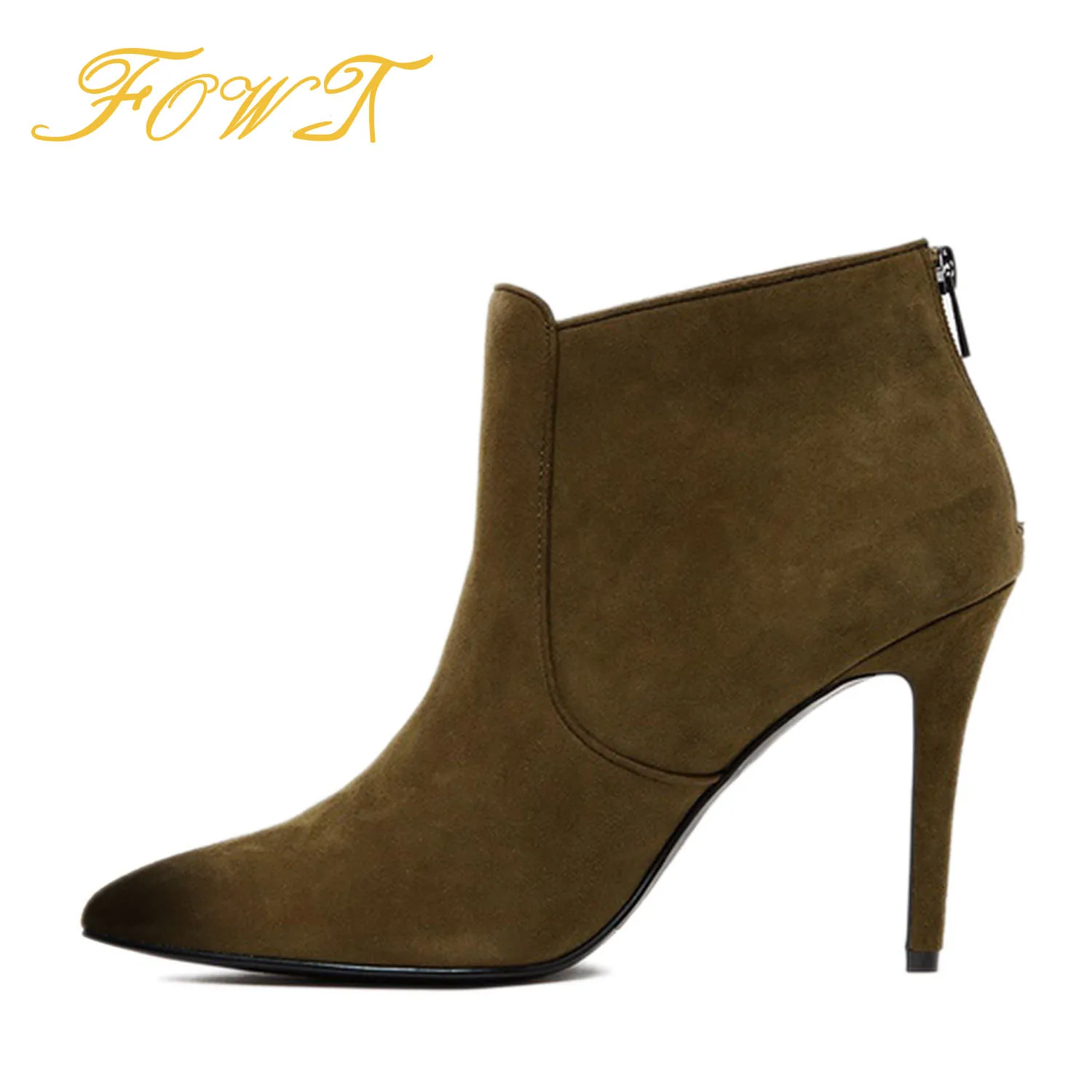 

Olive Green Pointed Toe Short Booties Ankle Boots Woman High Thin Heels Large Size 15 16 Zipper Fashion Ladies Shoes Winter FOWT