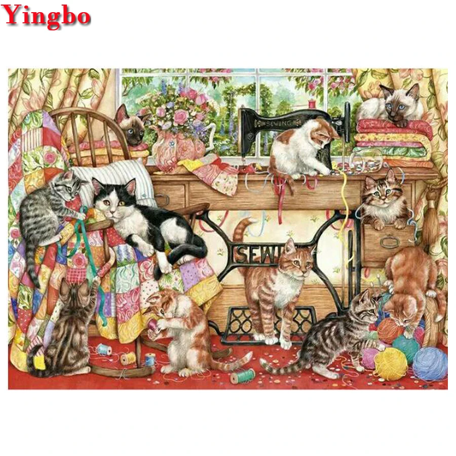 5D алмазная вышивка кот швейная машина мозаика стразы полный квадрат/круглая