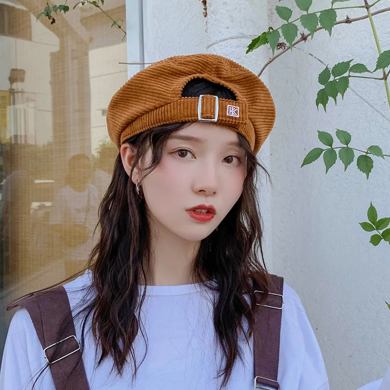

Harajuku Corduroy Beret Hats Women Girl's Vintage Artist Painter Hat Winter Autumn Embroidery K Wool Octagonal cap adjust