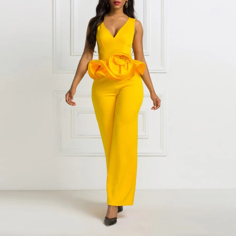 African Fashion Women Jumpsuit Plus Size S-2XL Solid Yellow Ruffles Party Long Jumpsuits Elegant Office Ladies Playsuit Rompers |