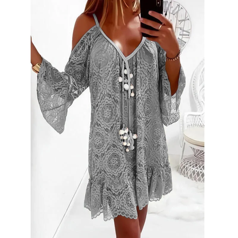

New Fashion Women Casual Summer Lace Dress V Neck Off Shoulder Flare Sleeve Tassel pendant Design Loose Beach Dress