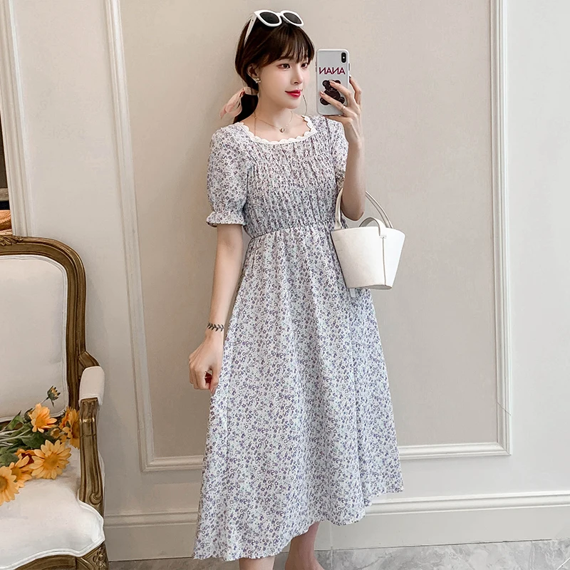 

3776#Sweet Summer Korean Fashion Floral Maternity Long Dress Elegant A Line Slim Loose Clothes for Pregnant Women Cute Pregnancy