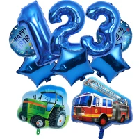 6pcs tractor aluminium foil balloon fire truck bulldozer train blue number foil balloon kids birthday party decroation supplies