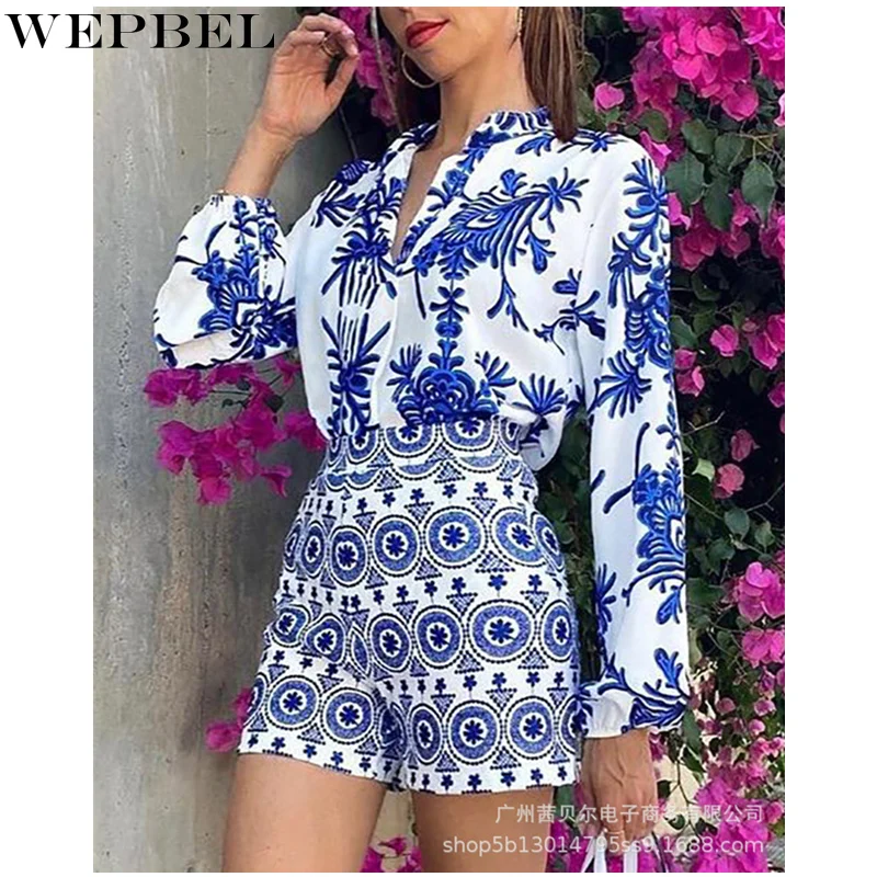 

Женский комплект из двух предметов WEPBEL, элегантная рубашка с длинным рукавом-фонариком и V-образным вырезом, прямые шорты с высокой талией