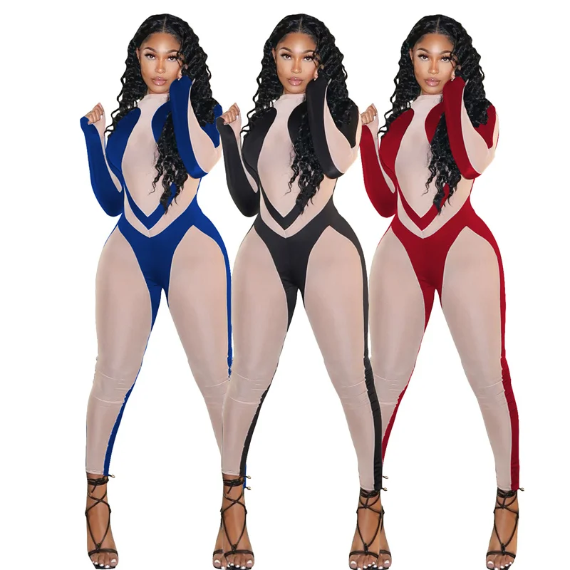 

Sexy Patchwork Bodycon Jumpsuit for Women Clothing Sets Long Sleeve Stretchy Party Rompers Night Going Out Overalls Club Outfits
