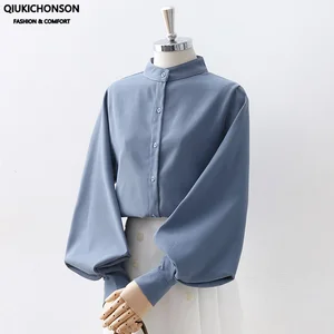 Женские топы и блузки с рукавами-фонариками, весна-лето 2020, Женская винтажная рубашка с длинным рукавом и воротником-стойкой в Корейском стиле, цвет белый, черный