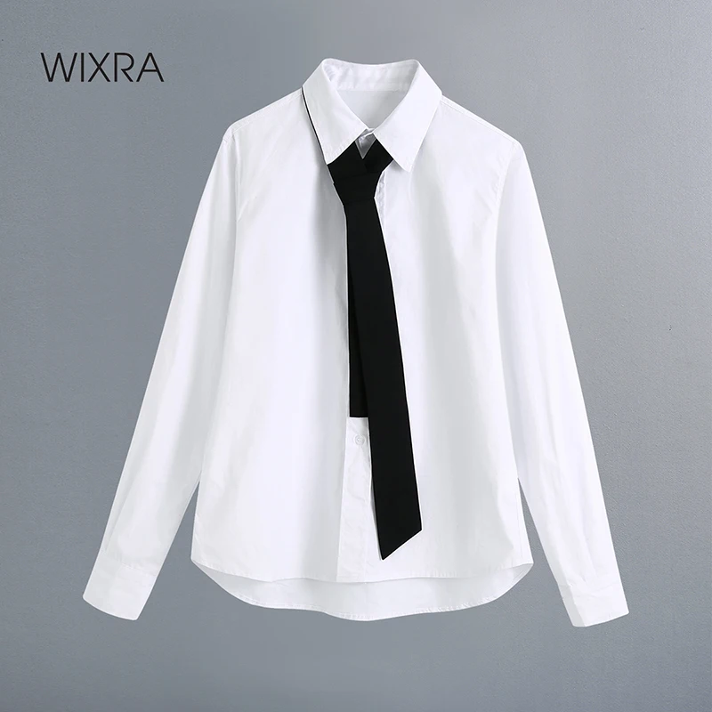 

Wixra Womens White Shirts With Tie Basic Fashion Long Sleeve High Street OL Style Simple Blouse Autumn Spring Tops