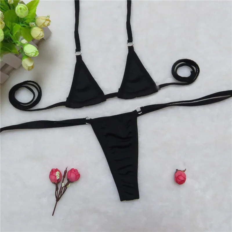 

micro bikini Sexy swimwear women swimsuit women biquini mini bikinis Solid color triangle Halter Lace metal Rings Large size Fun