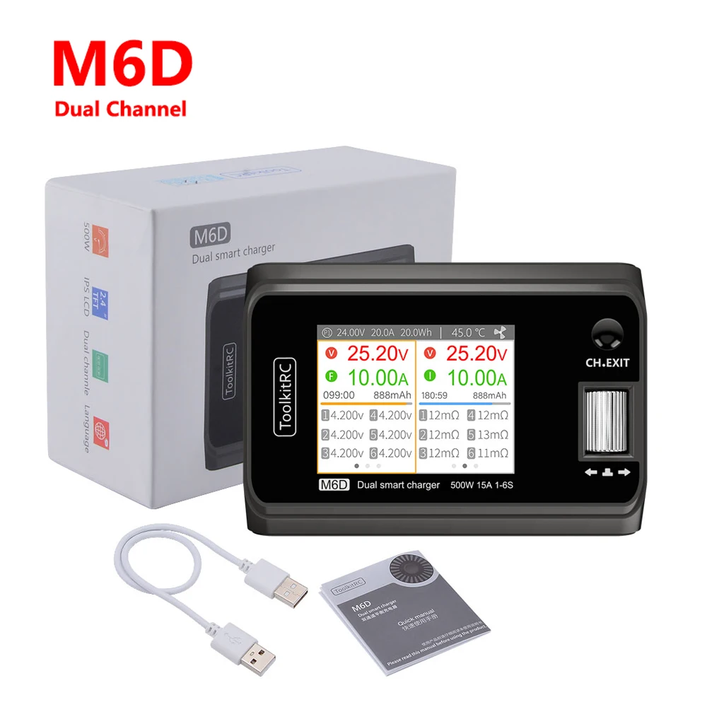ToolkitRC M6D 500 Вт 15A 2 6S DC Двухканальное мини умное зарядное устройство для Lipo LiHV Lion Gaoneng