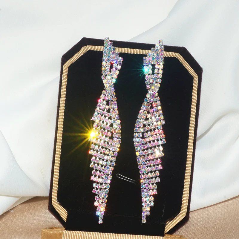 2020 Luxury Bling Colorful Crystal Rhinestone Long Tassel Earrings For Women Bridal Big Drop Dangle Wedding Jewelry | Украшения и