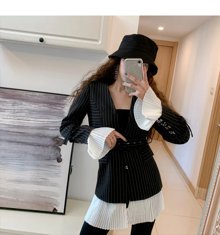 2020 стильный темно синий полосатый мини костюм женское осеннее платье средней