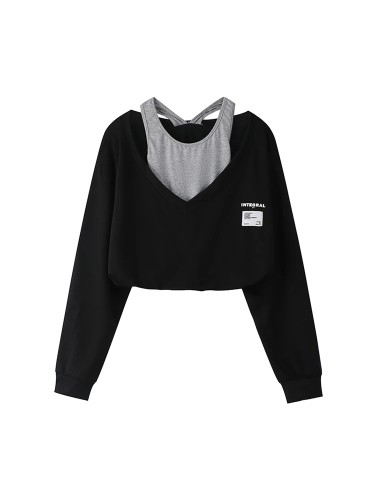 Корейский модный женский короткий Топ без бретелек с имитацией двух частей в