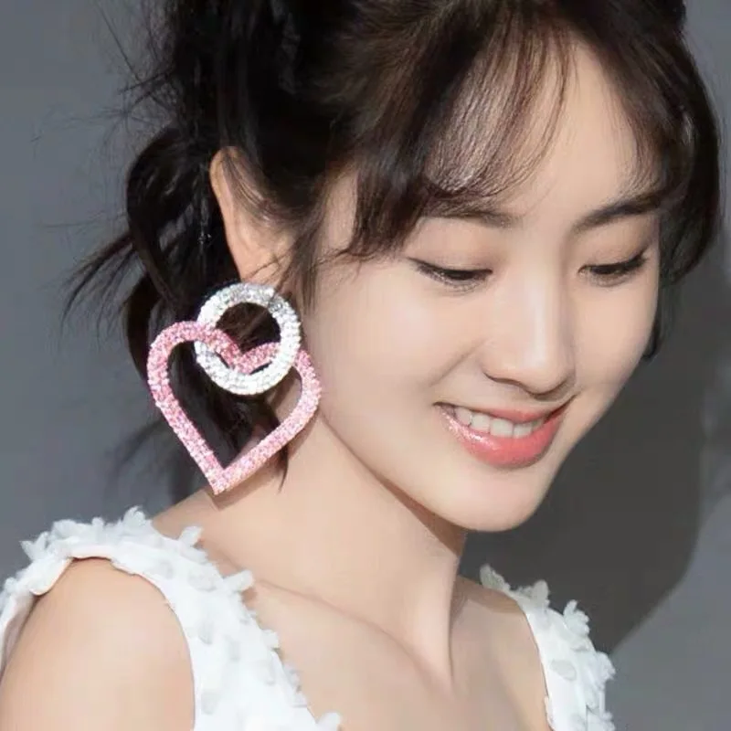 Блестящее розовое белое Двойное сердце со стразами серьги подвески для женщин