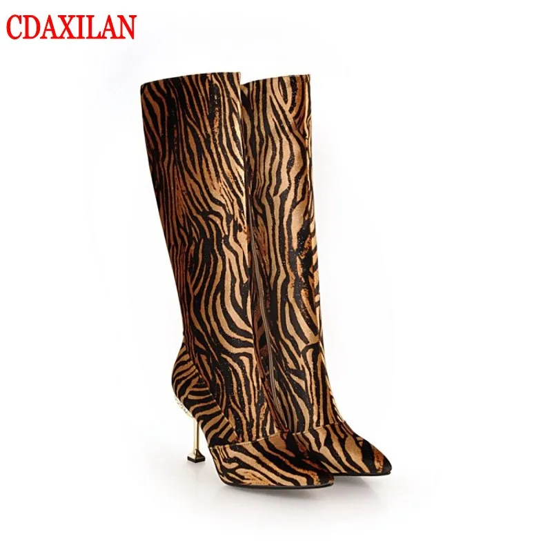 

CDAXILAN new arrivals knee-high boots women's velvet Leopard fabric super high heels pointed side zipper boot dancing parties