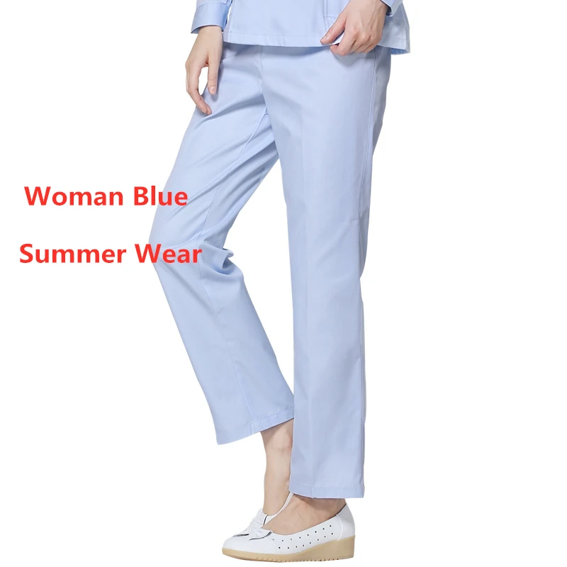 Woman Blue Summer Спецодежда медицинская Женская эластичная талия Больничная медсестра брюки хлопок зубные Скраб штаны для спа лето зима доктор уход низ - Цвет: Woman Blue Summer