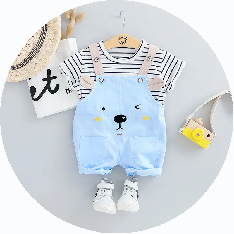 

Летние модные комплекты одежды для маленьких девочек, одежда для младенцев, костюмы, полосатая футболка, шорты на бретелях, детская спортив...