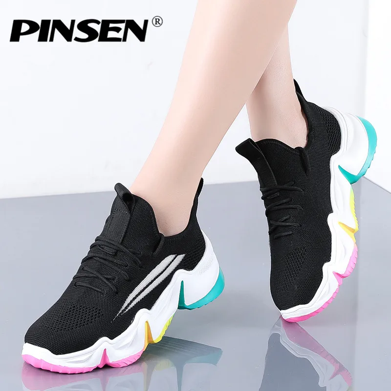 PINSEN Women Sneakers Vulcanize Breathable Rainbow Color Fashion Casuals Height Increasing Female Chunky Ladies Shoes | Обувь