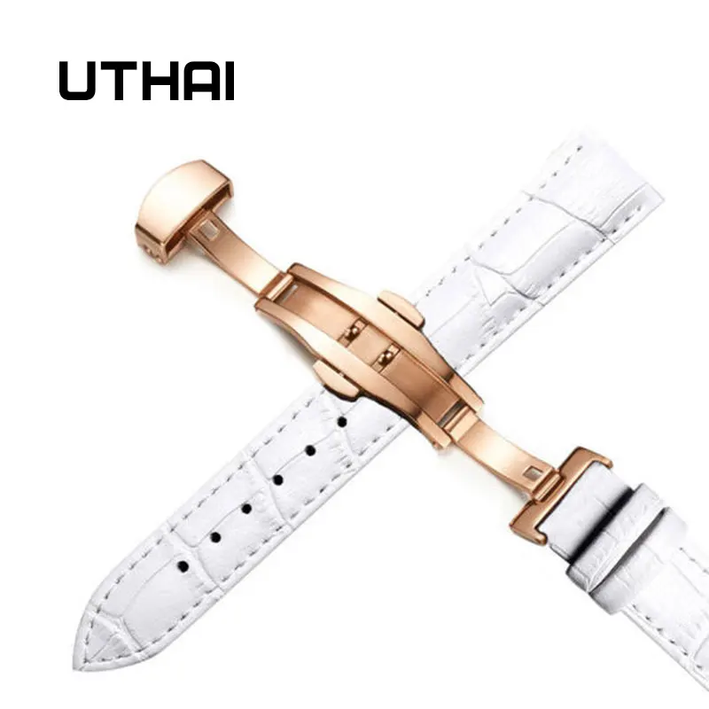 Rosegold-white UTHAI Z09 Plus Ремешки для наручных часов из натуральной кожи 12-24 мм Универсальные часы с бабочкой и пряжкой стальной ремешок с пряжкой 22 мм ремешок для наручных часов - Цвет ремешка: Rosegold-white