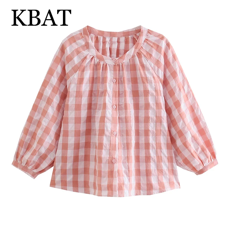 

KBAT 2021 Модные женские блузки и рубашки, женские милые клетчатые блузки, рубашка с круглым вырезом и длинным рукавом, Свободная Женская Повсед...