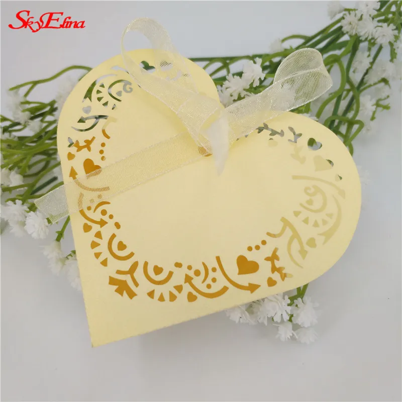 Yellow 50 шт. подарок в форме сердца коробки детский душ день рождения коробка конфет лазерная резка Подарочная сумка для детей партия коробка для свадебных сувениров 8Z - Цвет: Yellow