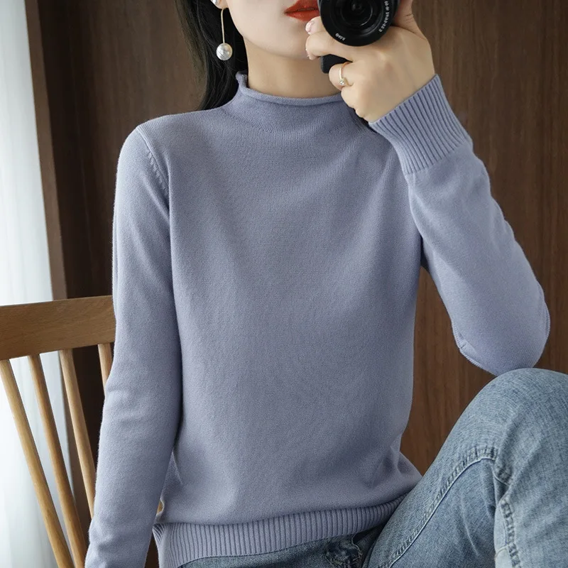 

Ladies curled half high neck bottoming shirt Fall/winter bottoming shirt Korean version of pure color knitted bottoming shirt