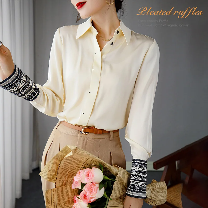 

white splice black embroidery mulberry women silk blouse high quality long sleeve oversize sexy casual office dress shirts