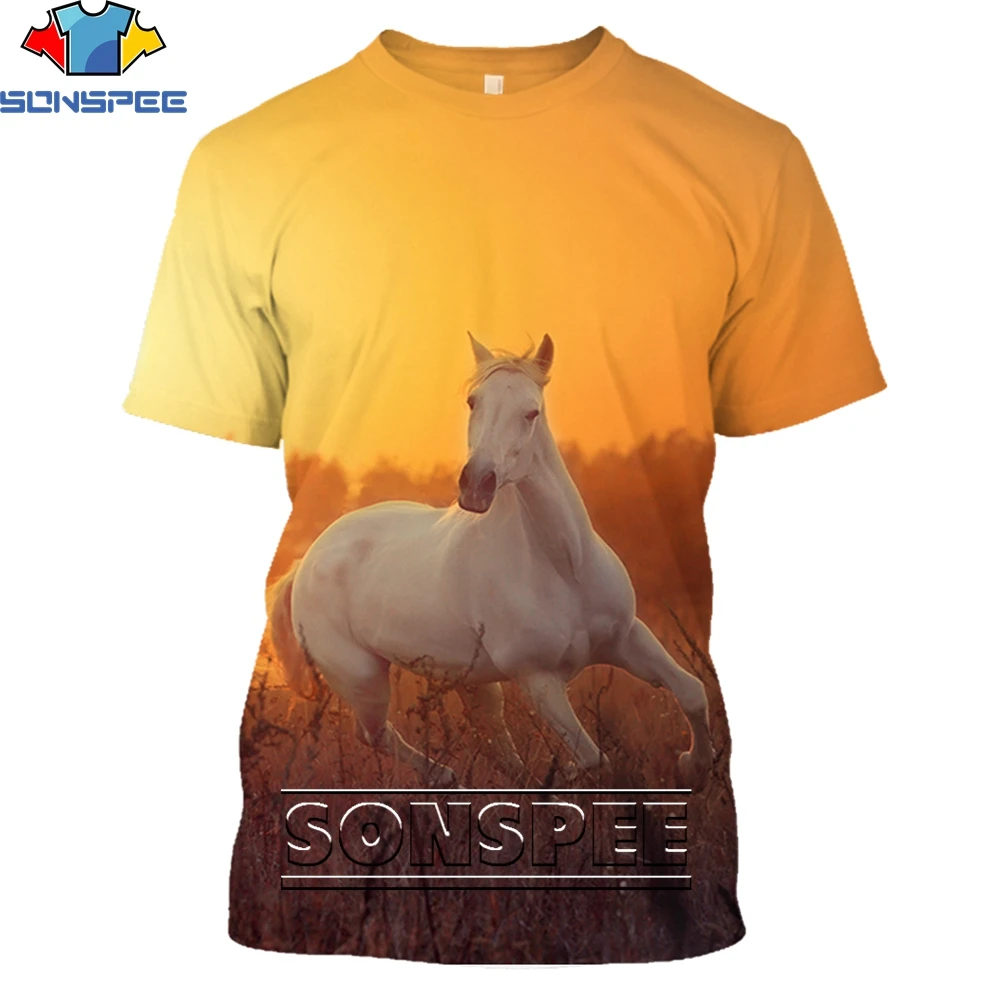 

SONSPEE Grassland Animal War Horse 3D T-shirt Summer Casual Men's T-shirt Fashion Streetwear Ladies Turtleneck Short Sleeve Tops