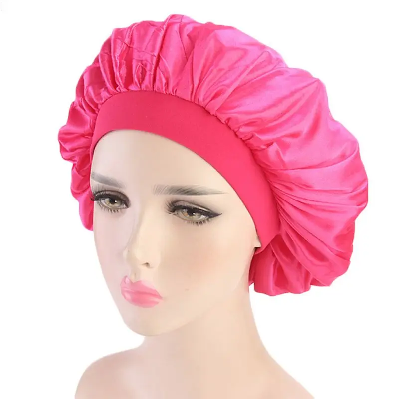 

Womens Faux Silk Bonnet Cap Wide Elastic Band Solid Night Sleep Hat Wrap Pleated