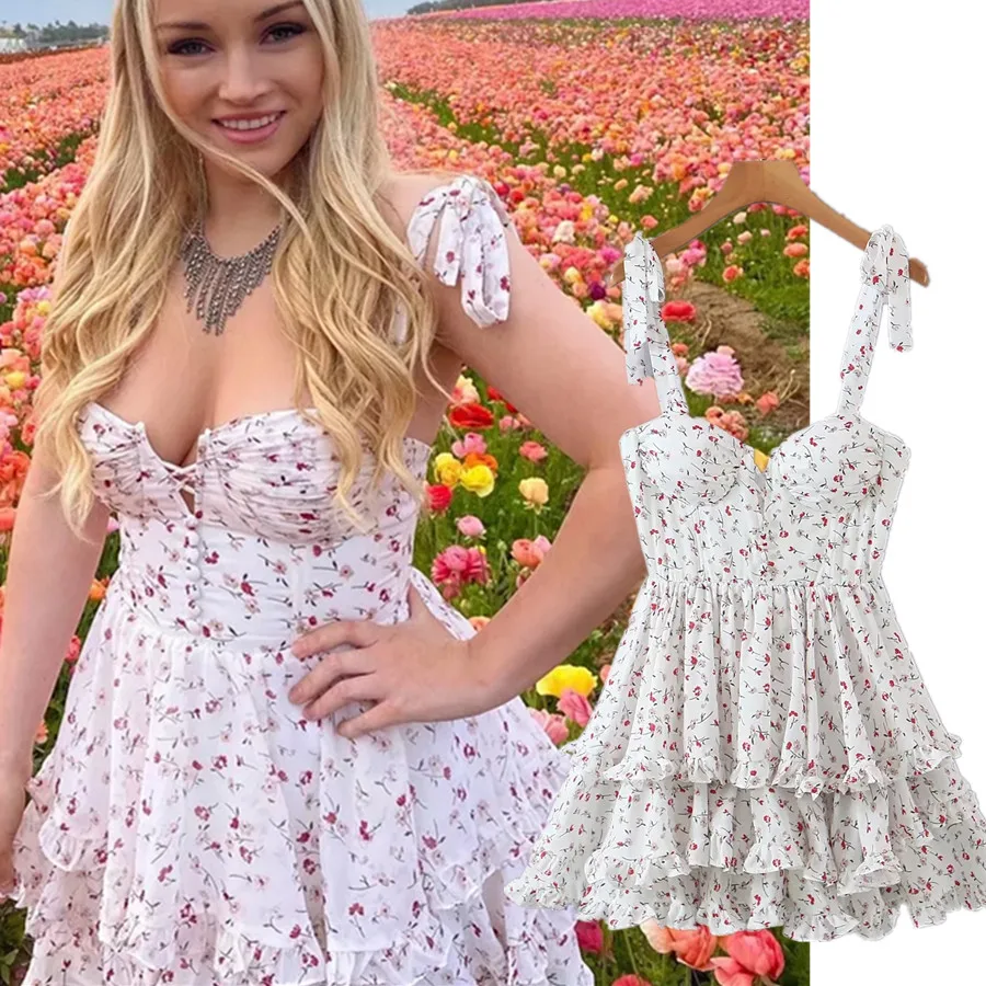 

Dave&Di England Style Cascading Sexy Summer Mini Dress Women Bohemian Style Retro Floral Printing Tank Dress Women Vestidos